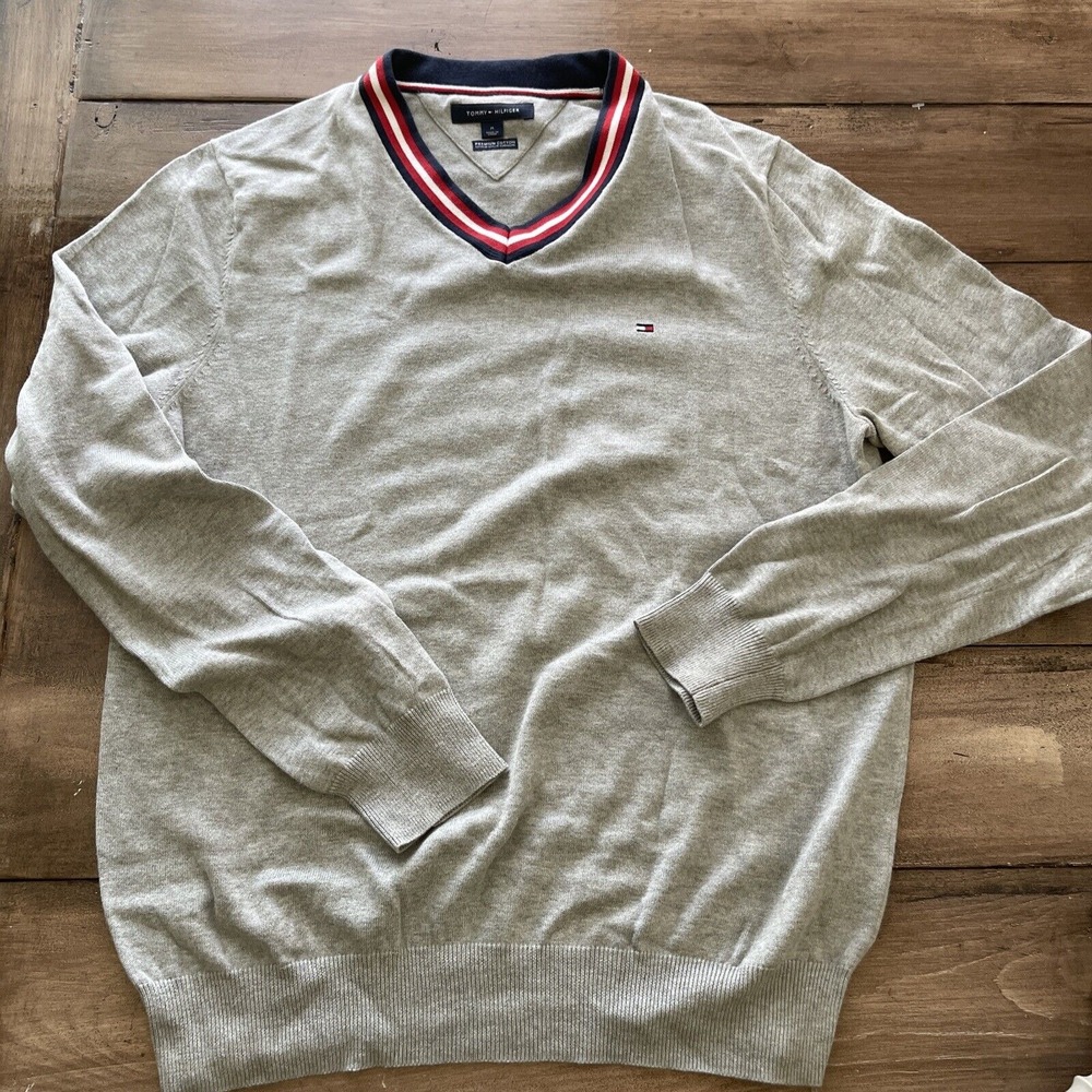 Mens Cotton Knit Sweater By Tommy Hilfiger, Light Weight Vneck Jumper